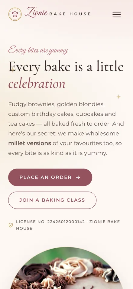 Zionie Bake House website on a phone